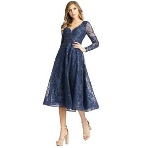 Mac Duggal EMBELLISHED PLUNGE NECK ILLUSION LONG SLEEVE MIDI Size 18 NWT